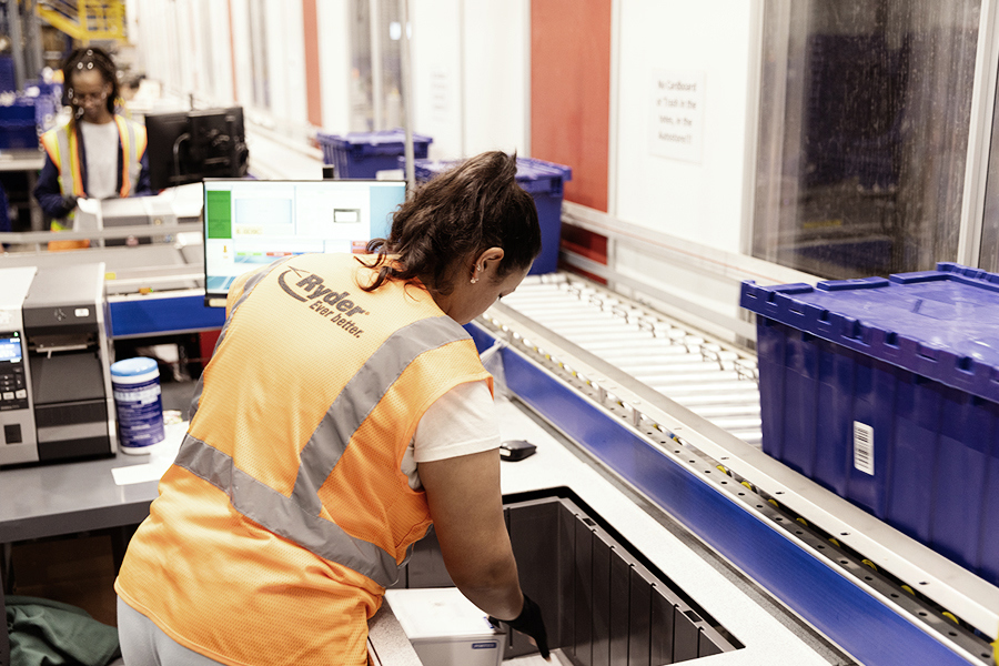 Goods-to-person system delivering items to a Ryder picking station