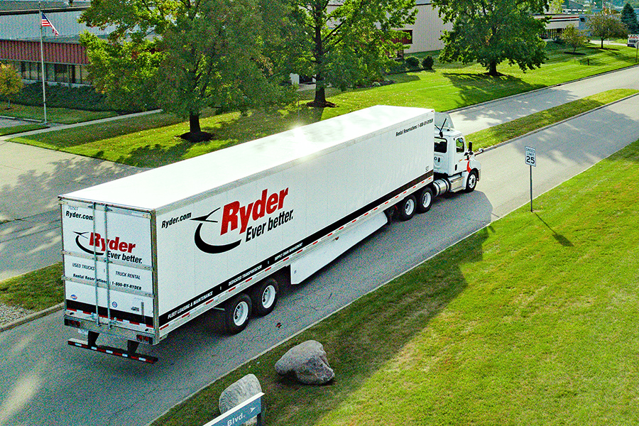 A semi truck that is part of the Ryder fleet