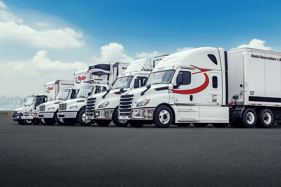 Ryder's commercial truck rental fleet lined up