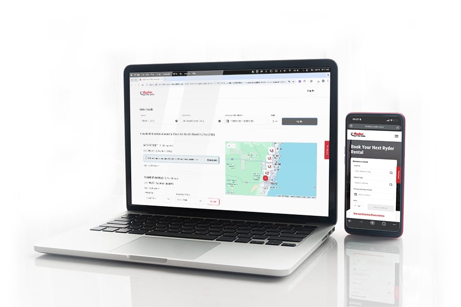 Ryder's online rental platform showcased on a smartphone and laptop Ryder's online rental platform showcased on a smartphone and laptop