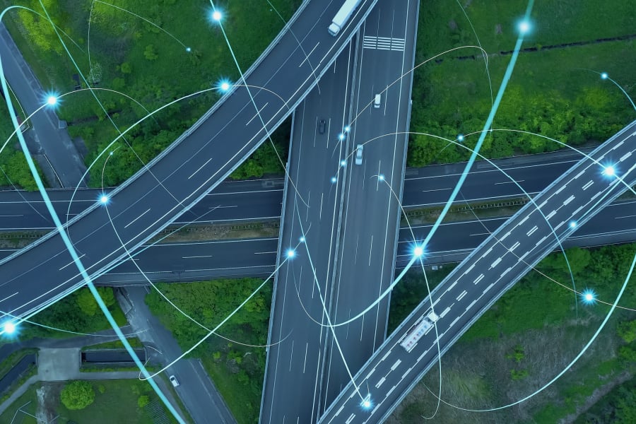 Vehicles on a highway aerial shot