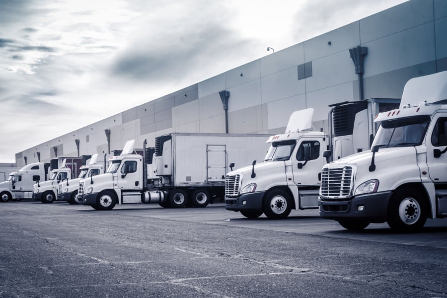 Freight truck carriers parked at warehouse loading docks Freight truck carriers parked at warehouse loading docks