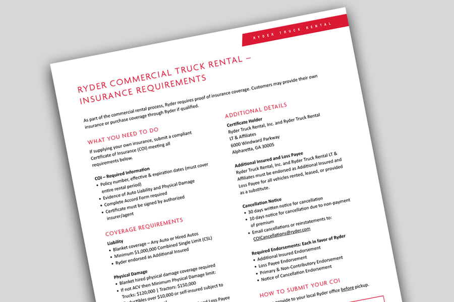 Ryder Rental Insurance Requirements Cover of insurance requirements one-pager